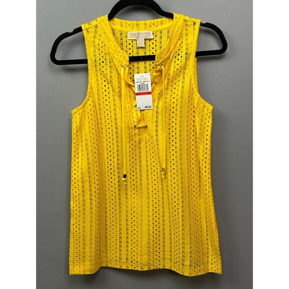 Michael Kors Sleeveless Top Womens XS Golden Yellow Eyelet Lace Tie Blouse NEW - Picture 1 of 7